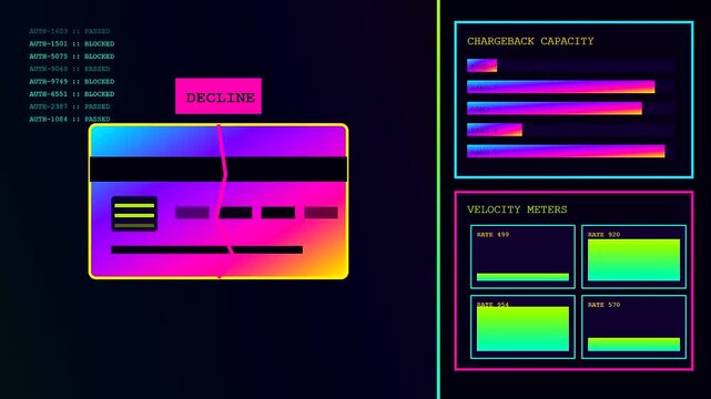 Digital ai fraud detection systems reveal transaction states via shifting neon graphs and holographic cards displayed on a dark interface during a smooth panoramic camera slide