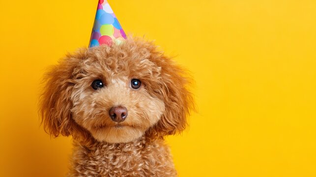 A small brown dog wearing a colorful party hat on a yellow background looks directly at the camera.
