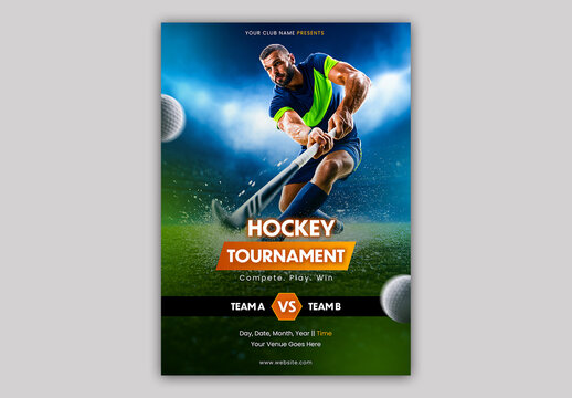 Editable Hockey Tournament Flyer Template Design in Player Action in Green Field.