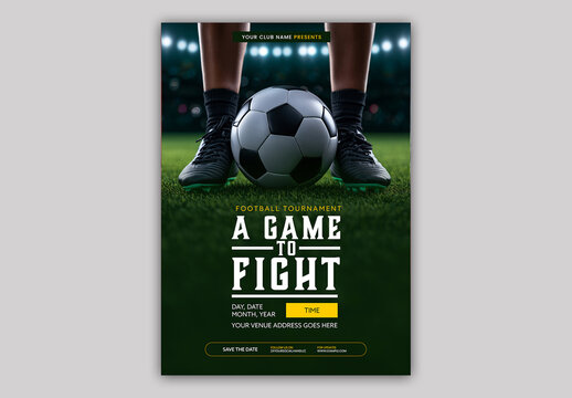 Editable Football Tournament Flyer Template Design in Player with Ball on Green Field.
