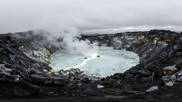 Volcanic crater lake with steam rising under cloudy sky