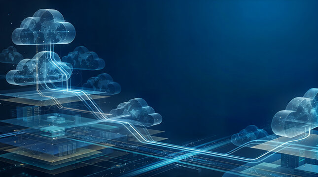 Cloud computing network architecture with glowing digital data structures