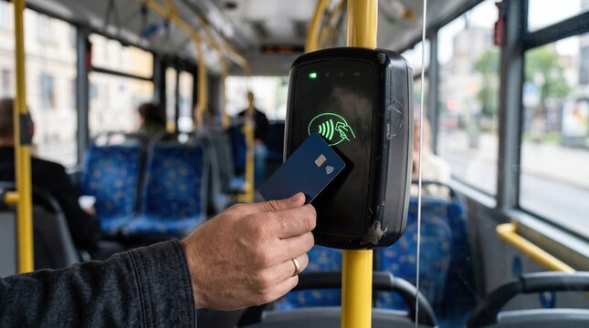 Passenger using a bank card for contactless payment at a digital ticket validator inside a modern city bus, illustrating public transportation, cashless travel and mobile payment technology