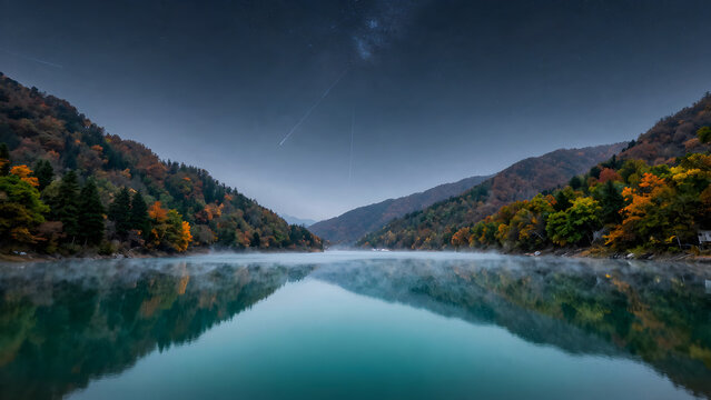 Misty mountain lake reflection at night under starry sky