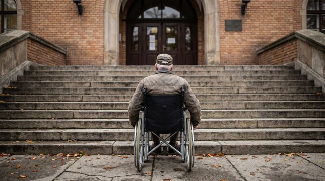 Person in a wheelchair facing inaccessible stairs outside a public building, illustrating accessibility barriers, mobility challenges, disability rights, inclusion and universal access