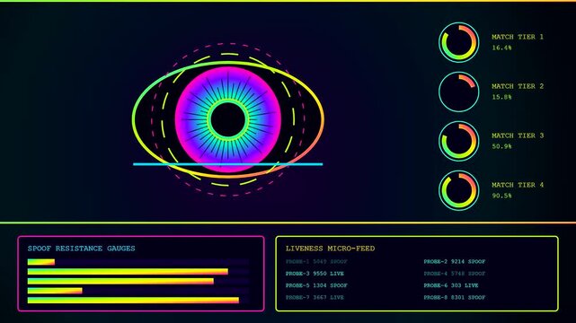 Innovative ai fraud detection systems monitor biometric verification processes while glowing digital eye graphics display real time data analysis across a complex dark software interface