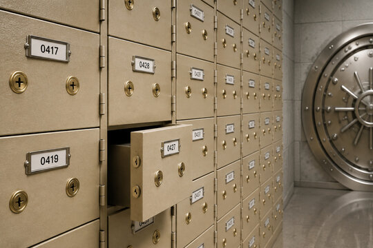 Beige safe deposit boxes in bank vault with open door, depository and security concept