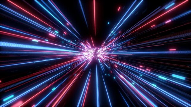 Light trails radial warp burst concentrated glowing core strong depth against black. esports openers, concert visuals, futuristic brand promos, digital launch videos, bold cinematic title backgrounds.
