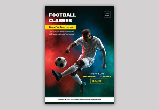 Editable Football Classes Flyer Template Design with Player Hitting Soccer Ball in Colorful Fog Background.