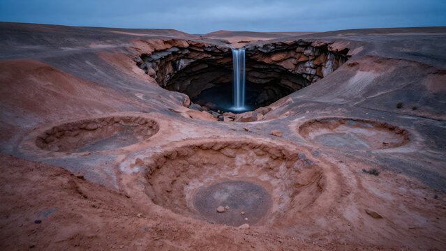 Waterfall cascading into a sinkhole in arid badlands landscape