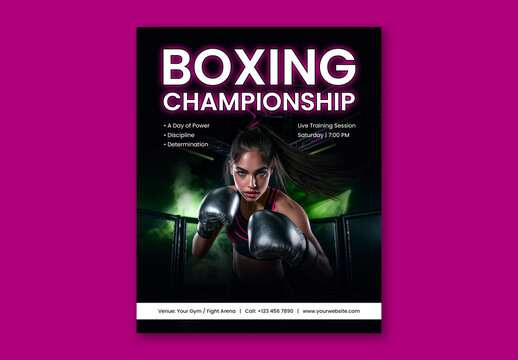Editable Boxing Championship Social Media Post Template Design and Female Boxer at Ring.