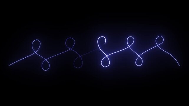 Purple glowing loop line wave presenting illuminated neon curves flowing across a dark background. Seamless loop 4k animation.