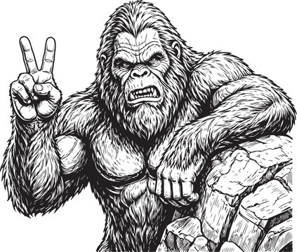 Bigfoot Showing Peace Sign Angry Face Detailed Black Outline Icon Illustration