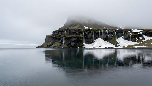 Misty mountain landscape with waterfalls and calm water