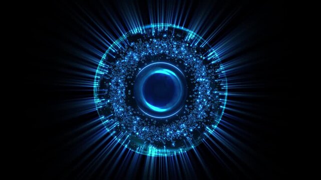 Illuminated blue sphere anchors circular display, fragments bright radial rays. artificial intelligence themes, virtual interfaces, innovation promos, esports openers, cinematic tech backgrounds.