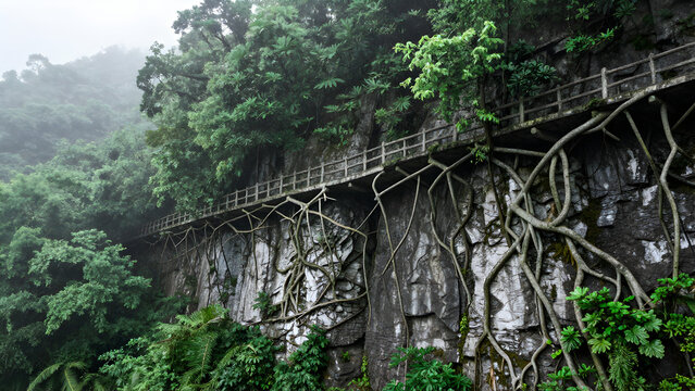 Mossy rock face with tree roots and wooden walkway in mist