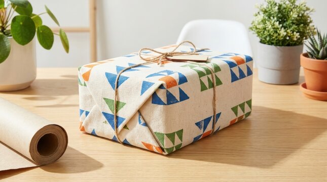 reusable fabric wrapping Gift box wrapped in patterned paper tied with string on wooden table