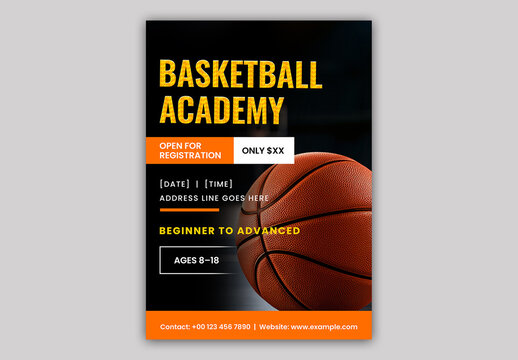 Editable Basketball Academy Flyer Template Design with Venue Details for Register Now.
