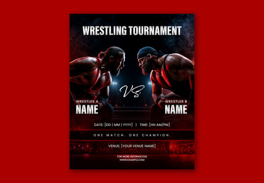 Editable Wrestling Tournament Social Media Post Template Design in Red and Black Color and Venue Detail.