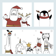 Fototapeta premium Hand drawn Santa Claus and animals enjoying a Christmas holiday