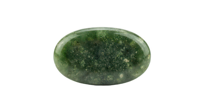 Polished green jade gemstone oval cabochon isolated on white background