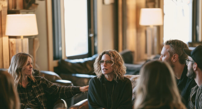 Group of diverse adults sitting together in cozy sunlit living room circle engaged in deep supportive discussion, therapy group session, community meeting, or honest team communication conversation
