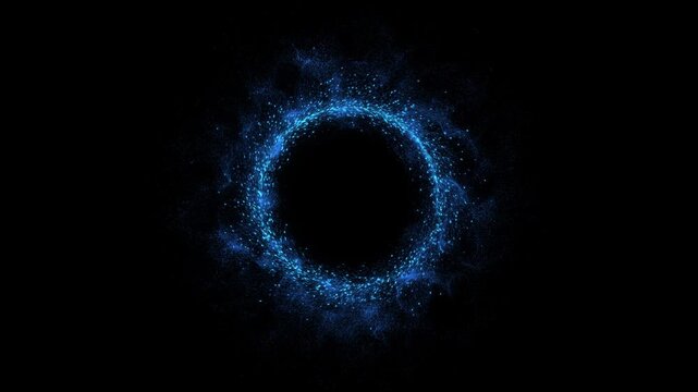 Fluid stream dust curves into an irregular halo, scattering luminous specks spacious dark opening. cosmic scenes, meditation visuals, technology branding, science fiction projects, atmospheric title