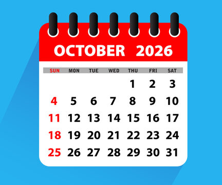 October 2026 Calendar Leaf. Calendar 2026 in flat style. October 2026 Calendar. Week starts on Sunday. Blank Calendar Template. Stationery Design. Vector Illustration