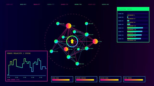 Digital ai fraud detection systems monitor fluctuating network data nodes and streaming traffic patterns through vibrant glowing interface charts displayed on a dark computer monitor screen
