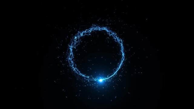 Bolts trace irregular circular gateway open text logos amid tiny luminous fragments. striking futuristic intros, magic spells, 19 promos, cinematic transitions, powerful digital branding.