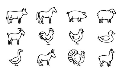 Fototapeta premium Minimalist farm animal outline icons set with black continuous line art livestock vectors for modern agriculture logo design