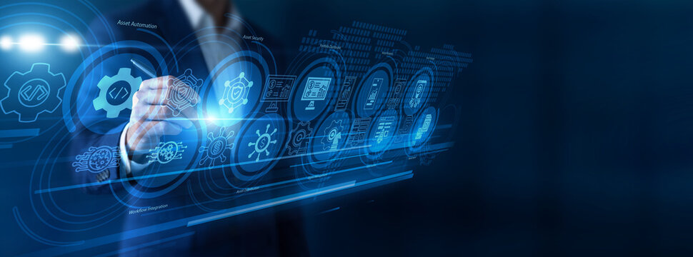 Media coordinator pointing the pen organizing Digital asset management files on a detailed virtual screen. Centralizing brand content storage and accelerating internal creative workflows.