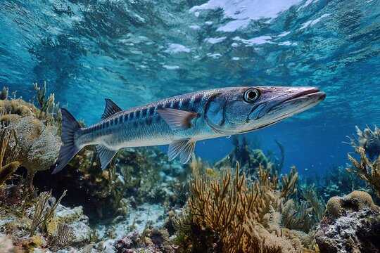 sleek barracuda swimming fast in coral reef shadows