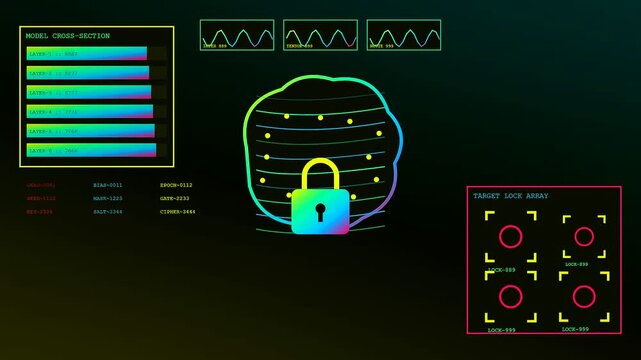 the ai fraud detection sequence features animated lock icons glowing with spectral neon light as complex data structures evolve across a dark digital software interface panel