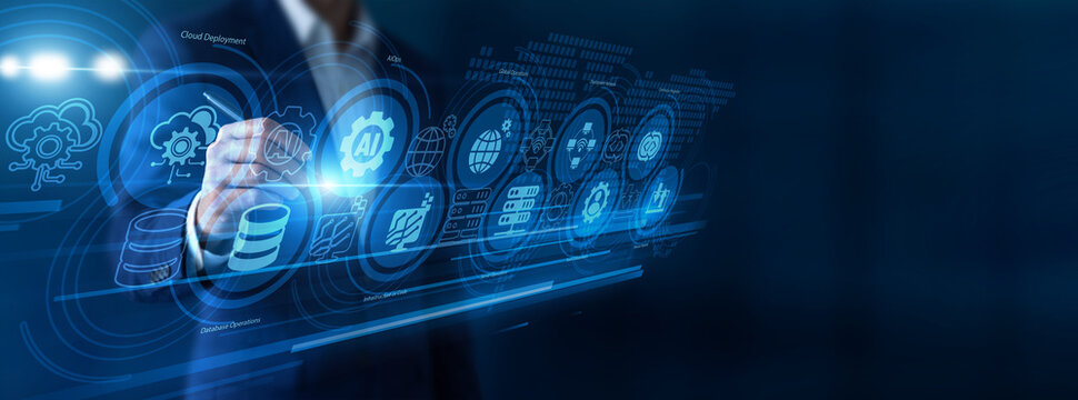 Software engineer pointing the pen accelerating agile DevOps methodologies on a dynamic virtual screen. Bridging coding development with IT operations for rapid and continuous deployment.