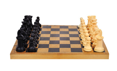 Chess pieces arranged on a wooden board. © vetkit