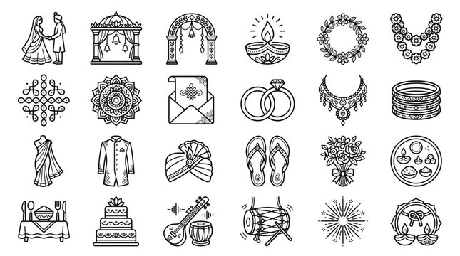 Indian wedding and celebration line icons featuring bride and groom, mandap, jewelry, traditional attire, and musical instruments