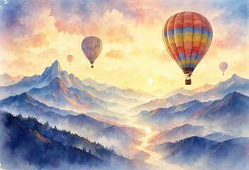Fototapeta premium Watercolor painting of colorful hot air balloons floating above a misty mountain valley and winding river at sunrise.