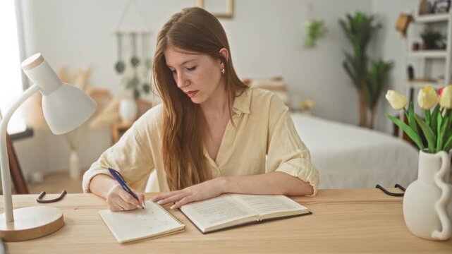Woman writing notes with pen and open book at wooden desk with lamp and tulips in a bright studio; contemplative focus.