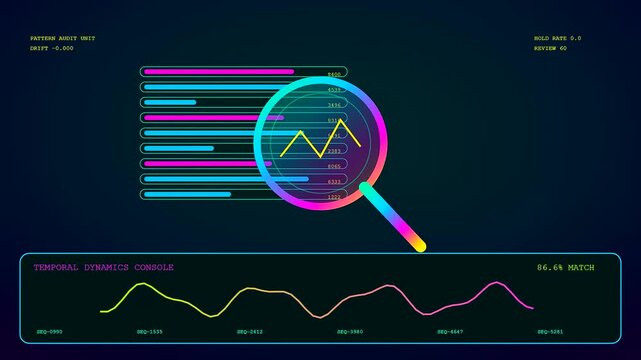 Ai fraud detection software interface displays complex data analytics and pattern matching sequences within a glowing digital monitor environment shown as a series of evolving motion graphics
