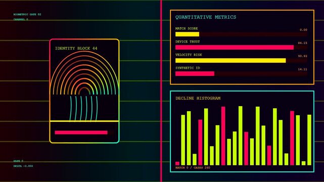Digital ai fraud detection systems displayed on a dark monitor with glowing fingerprint icons and shifting bar charts depicting rapid analytical data flow and monitoring