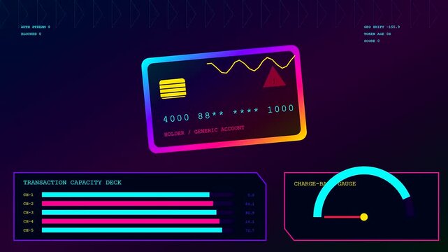 Digital ai fraud detection systems monitor banking card transactions through animated interface visuals showing fluctuating data metrics and security alerts on a dark gradient computer screen display