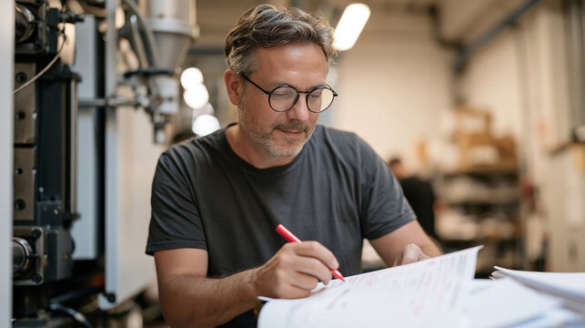 Close-up of a man with round glasses reviewing a printed production run report beside an injection molding machine, marking cycle time deviations and reject rate anomalies with a