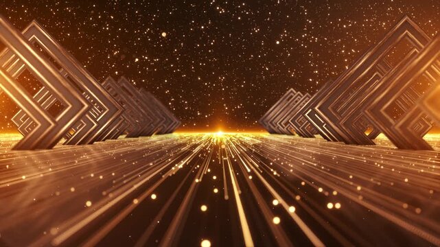 Bronze geometry forms futuristic passage streams of luminous particles sunrise. business launches, financial presentations, anniversary reveals, fashion events, casino celebration elegant backgrounds.
