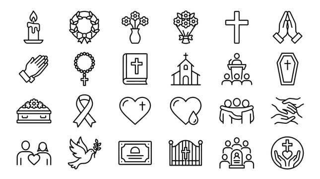 Set of funeral and religious icons, including crosses, coffins, prayer hands, church, and mourning symbols