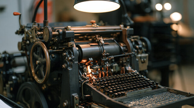 Hot metal typesetting machine in a heritage printing museum with molten lead producing fresh Linotype slugs, each line of raised type cooling in a galley tray, dramatic industrial