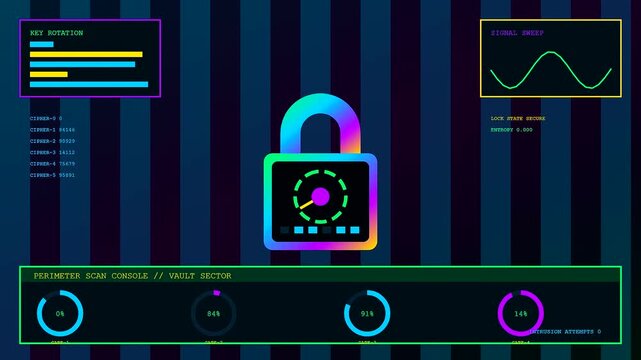 Digital ai fraud detection systems monitor encrypted network access points via a glowing neon interface displaying fluctuating data metrics and circular loading progress bar indicators