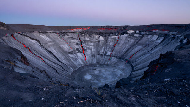 Volcanic crater rim at twilight with glowing lava lines