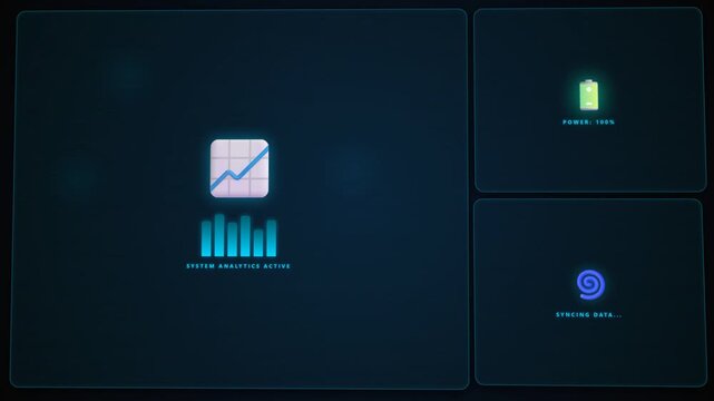 Seamless loop animation of dark mode futuristic bento grid data dashboard with glowing neon charts