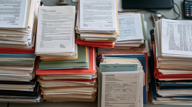 Overhead flat lay of a human resources compliance audit spread: employee handbook acknowledgment forms, disciplinary action records, and benefits election sheets sorted into